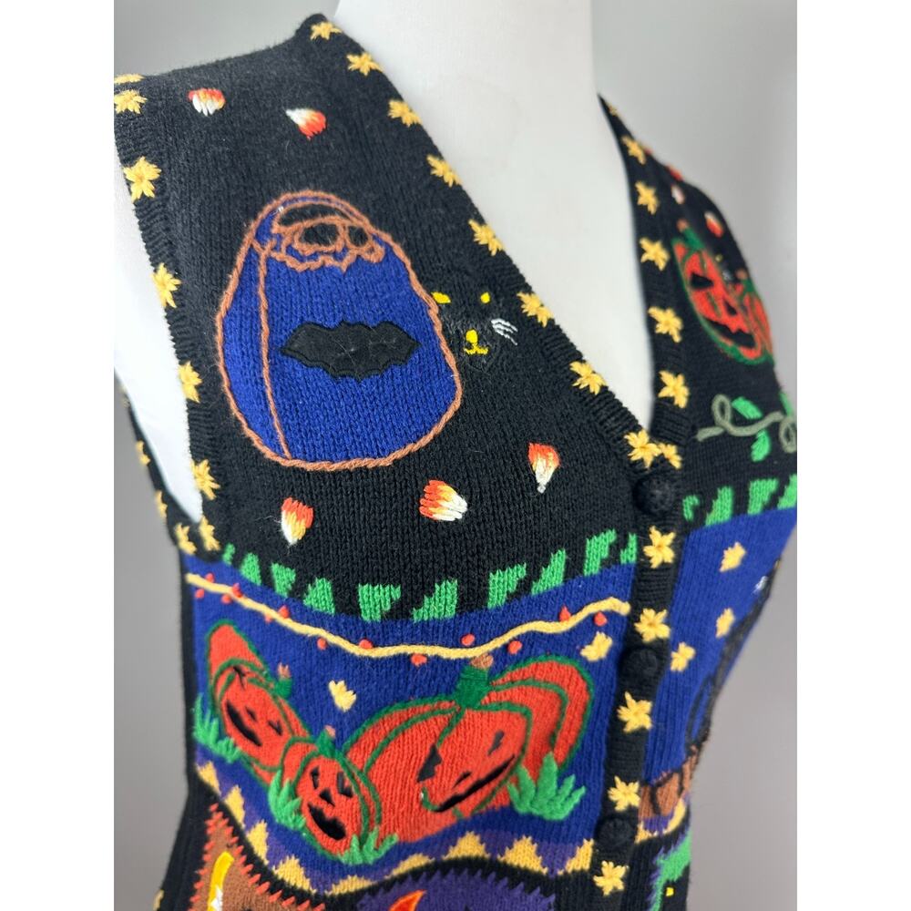 Hampshire Studio BOO! Halloween Sweater Vest Embroidered Pumpkin Black Cat M - Picture 10 of 15
